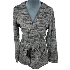 J.Crew Open Front Belted Cardigan Sweater Size Small Black White Pockets Cozy